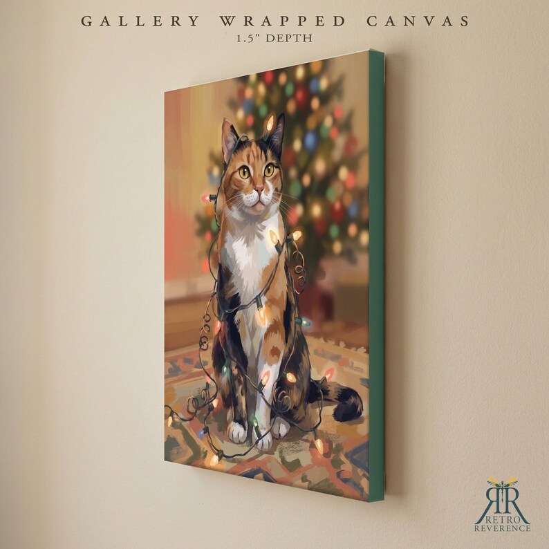 May include: A gallery wrapped canvas with a 1.5 inch depth featuring a painting of a calico cat tangled in colorful Christmas string lights. The cat sits on a patterned rug in front of a blurred, glowing holiday tree with multi-colored lights.