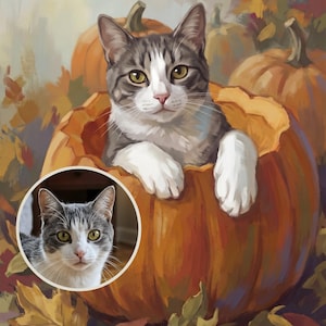 Precious Custom Cat Portrait from Your Photo, Illustrated Pumpkin Patch Art Digital Download