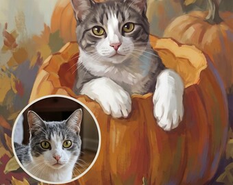 Puede incluir: Una pintura digital de un gato atigrado gris y blanco sentado dentro de una gran calabaza naranja, rodeado de hojas de otoño. Un recuadro circular muestra un retrato fotográfico del mismo gato con ojos verdes.