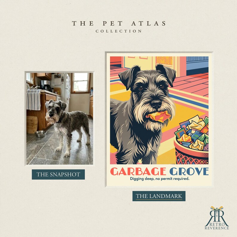 May include: A graphic art print titled The Pet Atlas Collection featuring a photograph of a Schnauzer dog labeled The Snapshot and a stylized illustration of the same dog labeled The Landmark, Garbage Grove, Digging deep, no permit required.