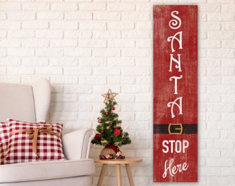 Vintage Xmas Wall Decor, Primitive Santa Stop Here Christmas Sign, Red & White Rustic Farmhouse Canvas Print, Nostalgic Winter Holiday Art