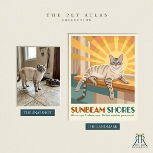 May include: A print titled The Pet Atlas Collection featuring a side-by-side comparison of a photograph of a tabby cat and a stylized illustration of the same cat resting on a ledge with the text Sunbeam Shores, Warm rays, Endless naps.