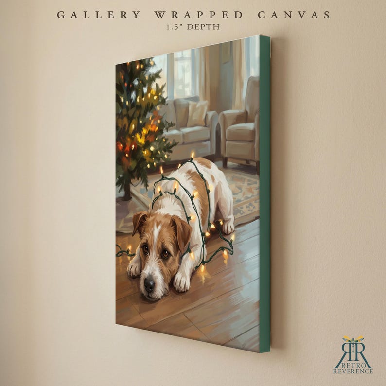 May include: A gallery wrapped canvas with a 1.5 inch depth featuring a painting of a brown and white terrier dog lying on a wooden floor, tangled in a string of glowing Christmas lights, with a decorated tree and furniture in the background.