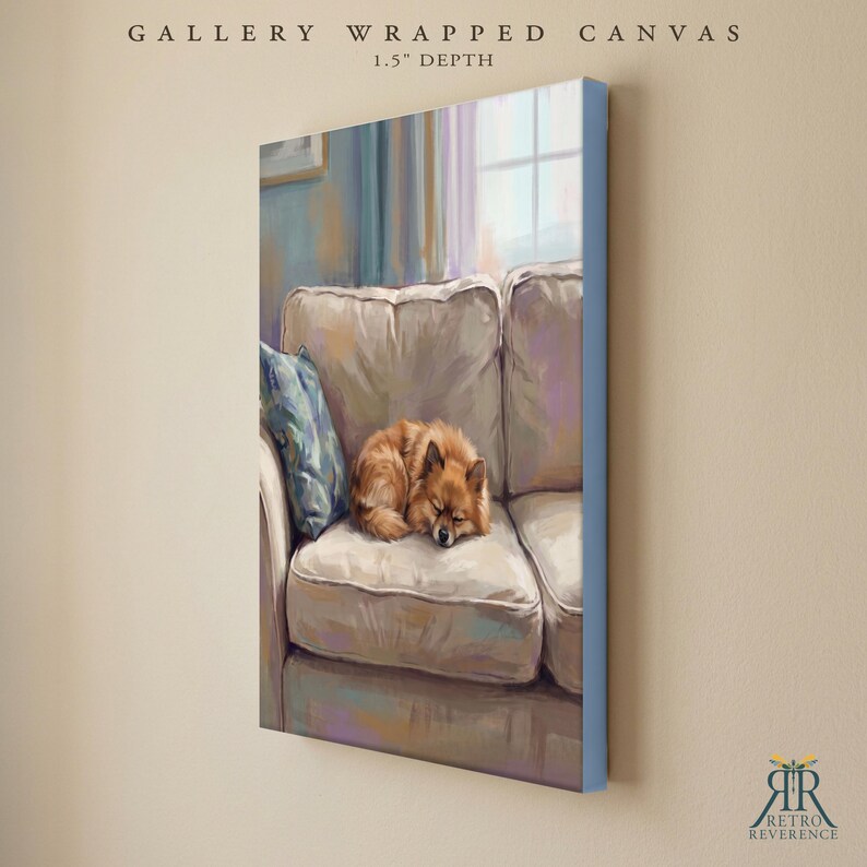 May include: A gallery wrapped canvas with a 1.5 inch depth featuring a painting of a small, fluffy, tan dog curled up asleep on a light-colored sofa. A blue patterned pillow rests on the left side of the couch, and the scene is set in a room.