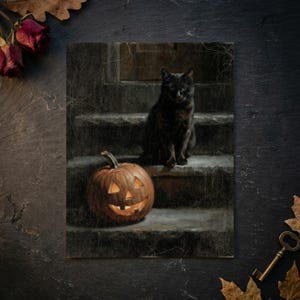 Halloween Cat and Pumpkin Wall Art, Moody Vintage Style Fall Decor, Spooky Stairway Art, Spooky Artwork, Hallway Decor, Art Print or Canvas afbeelding 6