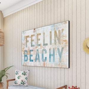 Coastal Farmhouse Wall Decor Feelin Beachy Sign, Ocean Cottage Inspirational Art Beach House Decor, Rustic Chic Seaside Summer Decor Hanging image 2