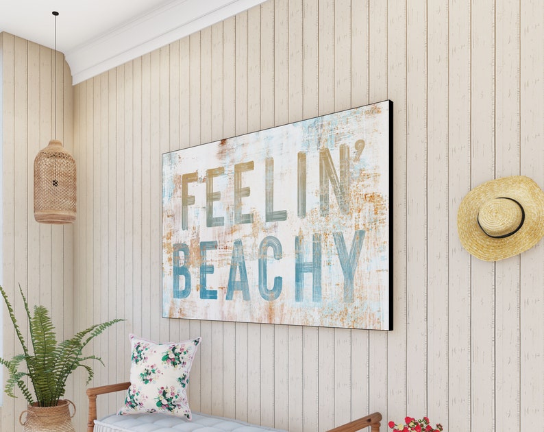 Coastal Farmhouse Wall Decor Feelin Beachy Sign, Ocean Cottage Inspirational Art Beach House Decor, Rustic Chic Seaside Summer Decor Hanging image 2