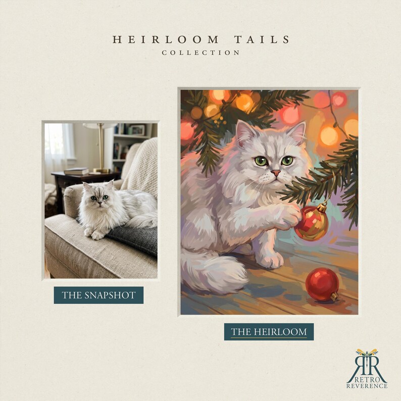 May include: A Heirloom Tails Collection display featuring a photograph labeled The Snapshot of a fluffy white cat on a sofa and an illustration labeled The Heirloom of a cat playing with a red Christmas ornament under a tree.