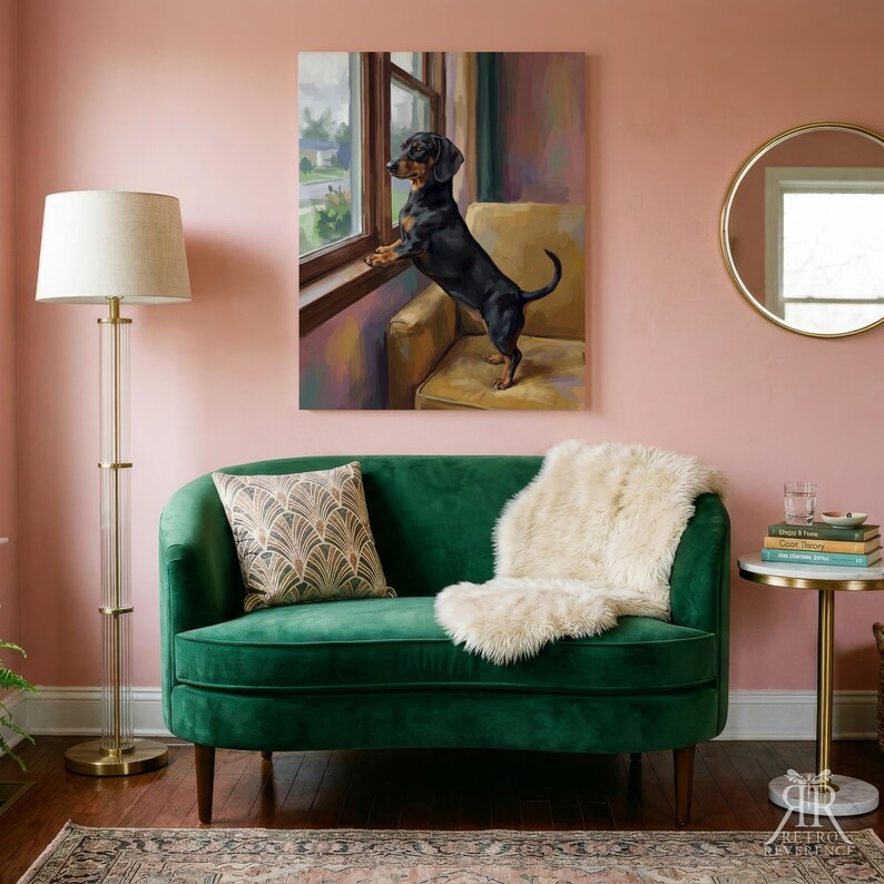 May include: A rectangular wall art print featuring a black and tan dachshund standing on a yellow armchair looking out a window. The painting uses visible brushstrokes and a warm color palette to depict the dog in a domestic interior setting.