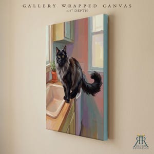 May include: A gallery wrapped canvas with a 1.5 inch depth featuring a painting of a long-haired black cat sitting on a kitchen counter next to a white sink and a small potted plant. The scene includes a window and cabinets in a kitchen setting.