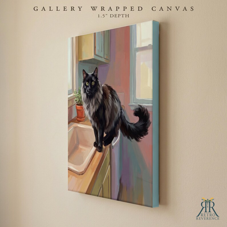 May include: A gallery wrapped canvas with a 1.5 inch depth featuring a painting of a long-haired black cat sitting on a kitchen counter next to a white sink and a small potted plant. The scene includes a window and cabinets in a kitchen setting.