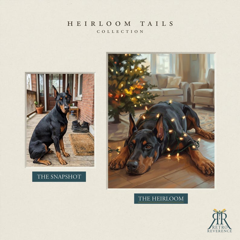 Op de afbeelding: Een Heirloom Tails Collection print met twee afbeeldingen van een Dobermann. De linker afbeelding, gelabeld The Snapshot, toont de hond zittend op een veranda. De rechter afbeelding, gelabeld The Heirloom, toont de hond liggend met kerstverlichting.