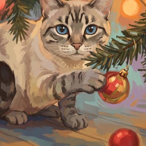 Christmas Kitten Print, Custom Cat Canvas Wall Art, Personalized Cat Portrait from Photo, Cat Artwork, Holiday Cat Art, Above Bed Art image 2