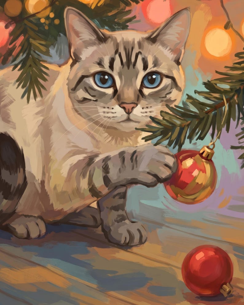 Christmas Kitten Print, Custom Cat Canvas Wall Art, Personalized Cat Portrait from Photo, Cat Artwork, Holiday Cat Art, Above Bed Art image 2
