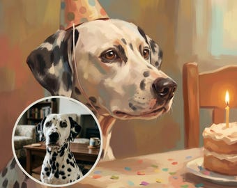Custom Dog Portrait from Photo, Dog in a Birthday Hat Print, Birthday Illustration, Fun Wall Art, Party Animal Art, Art Print or Canvas
