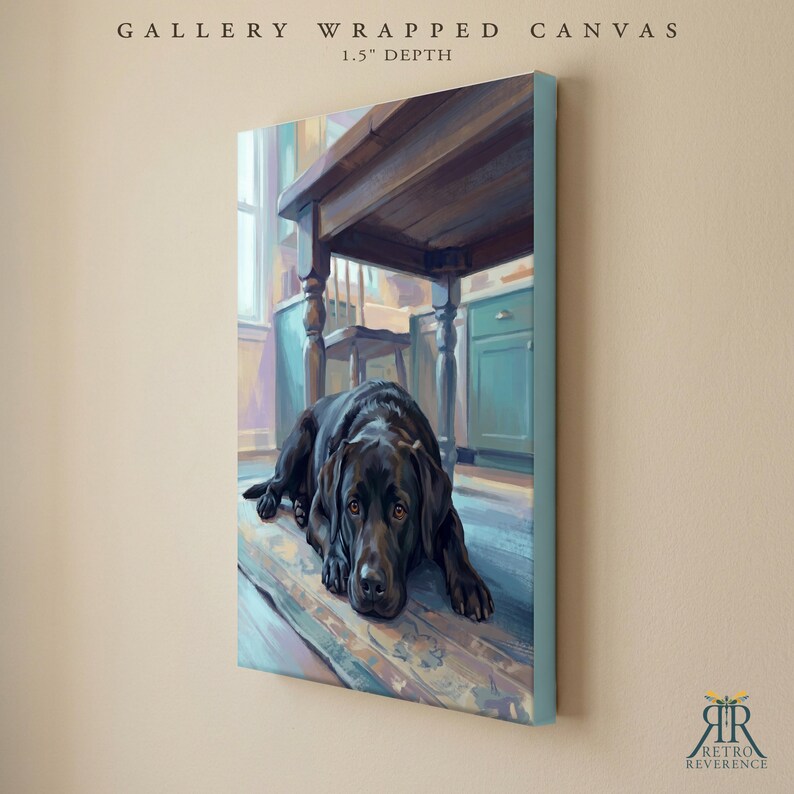 May include: A gallery wrapped canvas with a 1.5 inch depth featuring a painting of a black Labrador retriever lying on a floor beneath a wooden table. The scene includes a window and teal cabinets in the background, rendered in a painterly style.