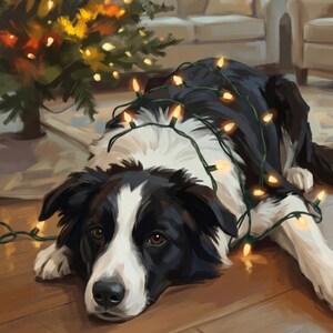 Funny Dog Canvas Wall Art, Personalized Dog Portrait from Photo, Dog Tangled in Christmas Lights, Holiday Dog Artwork, Winter Wall Decor image 2