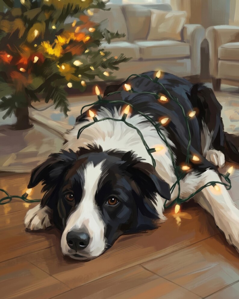 Funny Dog Canvas Wall Art, Personalized Dog Portrait from Photo, Dog Tangled in Christmas Lights, Holiday Dog Artwork, Winter Wall Decor image 2