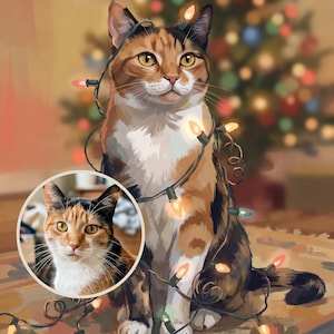 Christmas Canvas Art, Personalized Cat Portrait from Photo, Christmas Lights Art, Cat Canvas Wall Art, Nostalgic Christmas Art