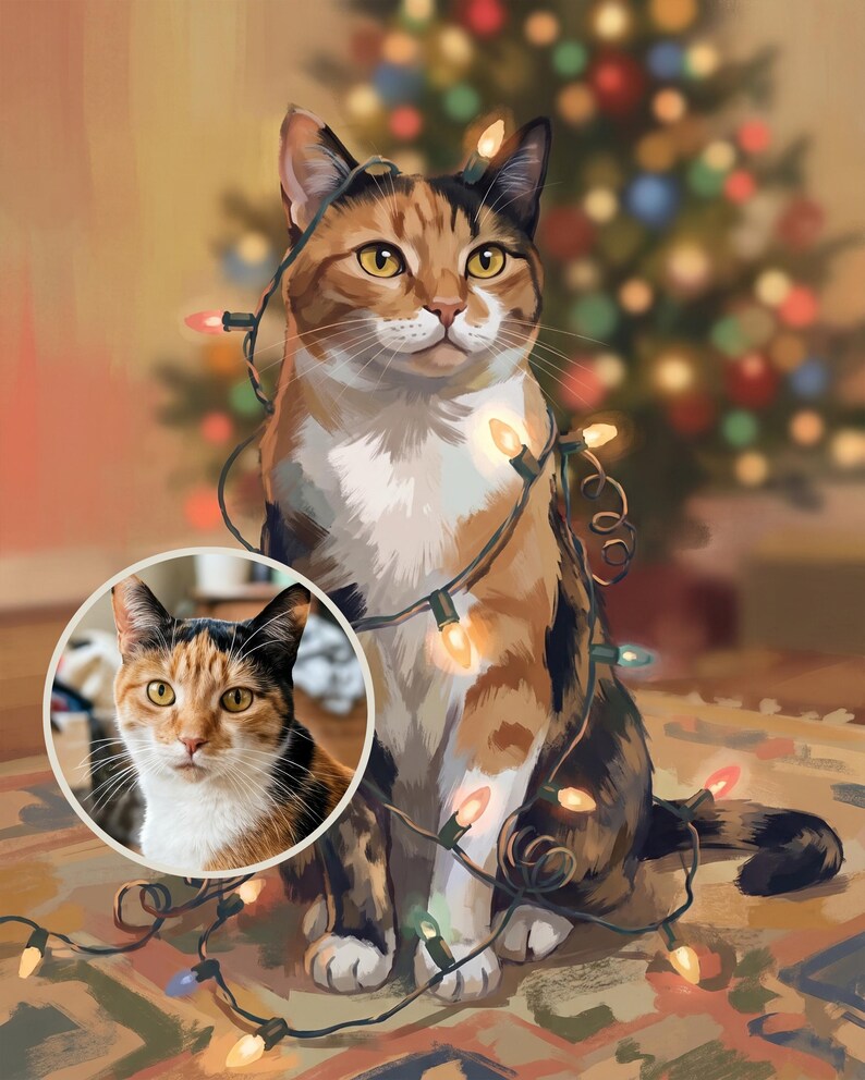 Christmas Canvas Art, Personalized Cat Portrait from Photo, Christmas Lights Art, Cat Canvas Wall Art, Nostalgic Christmas Art