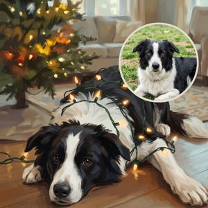 Funny Christmas Dog Portrait from Photo, Dog in Christmas Lights, Custom Dog Illustration Digital Download