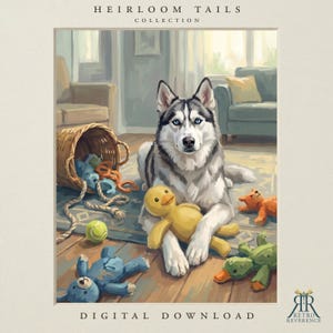 May include: A digital illustration from the Heirloom Tails Collection featuring a Siberian Husky with blue eyes sitting on a floor surrounded by scattered toys, including a yellow duck, a blue bear, a green tennis ball, and a wicker basket.