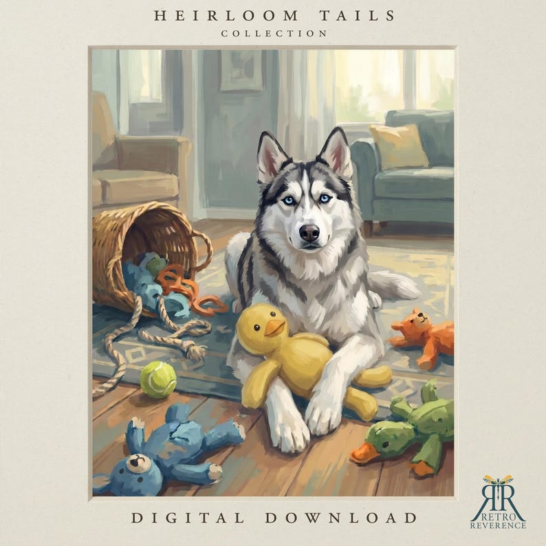 May include: A digital illustration from the Heirloom Tails Collection featuring a Siberian Husky with blue eyes sitting on a floor surrounded by scattered toys, including a yellow duck, a blue bear, a green tennis ball, and a wicker basket.