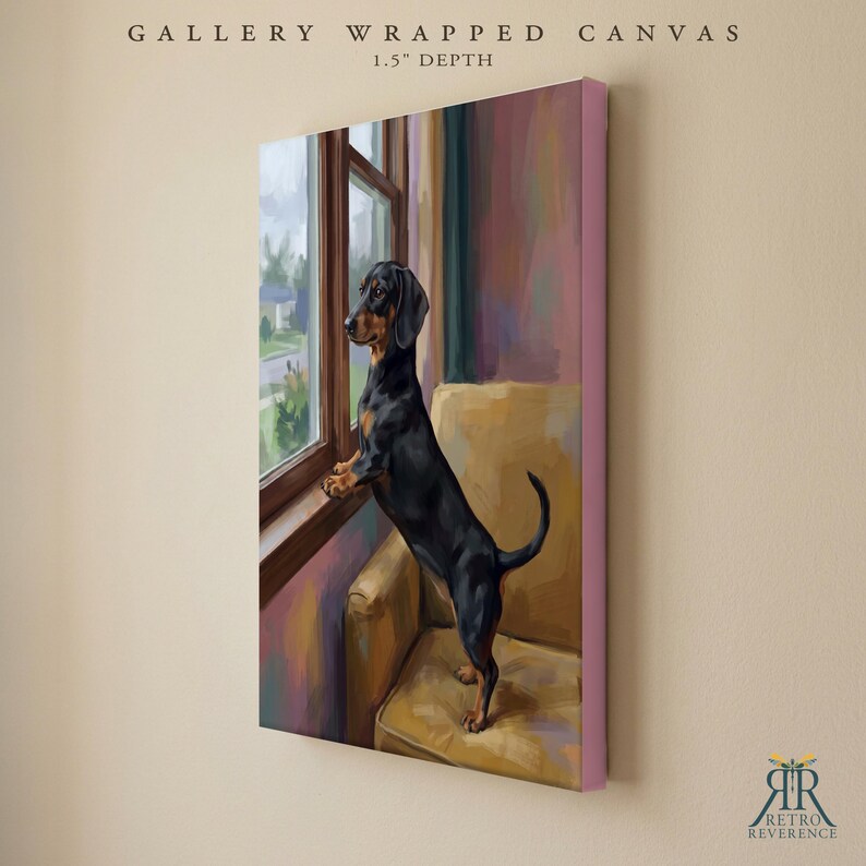 May include: A gallery wrapped canvas with a 1.5 inch depth featuring a painting of a black and tan dachshund standing on a yellow armchair, looking out a window. The artwork displays a dog with its front paws on the windowsill, captured in a painterly style with visible brushstrokes and a soft color palette.