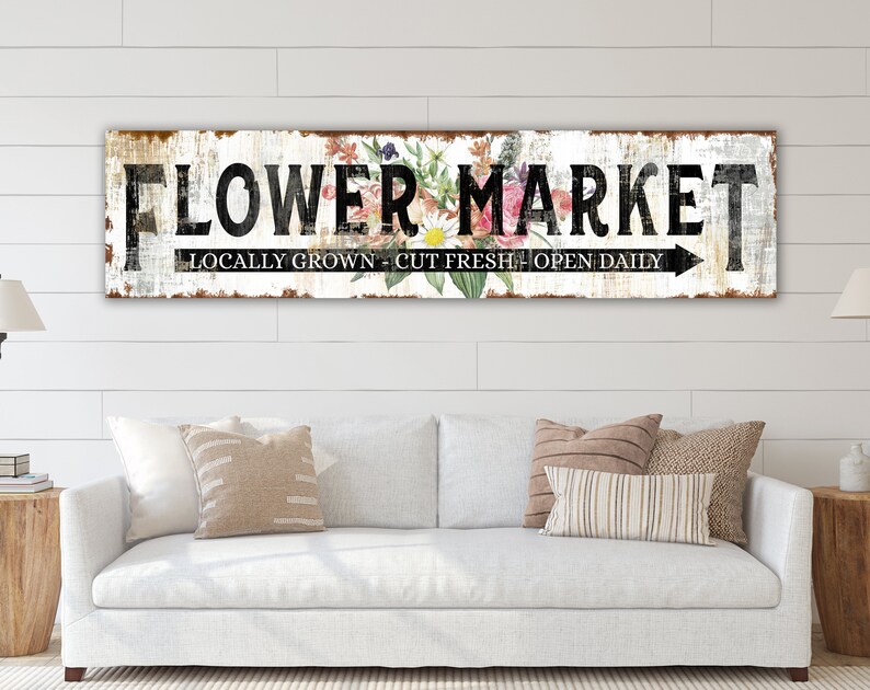 Shabby Rustic Flower Market Sign Modern Farmhouse Wall Decor, Primitive Country Wall Art Home Decor Print Garden Lover Gift for She Shed 