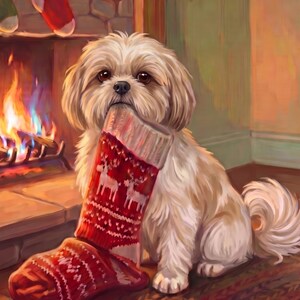 Christmas Dog Portrait from Photo, Dog by the Fireplace, Custom Dog Illustration, Printable Wall Art, Fireplace Wall Art, Xmas Decor image 2