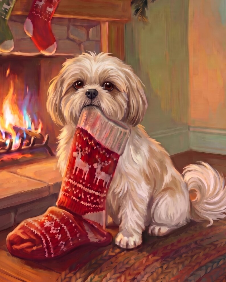 Christmas Dog Portrait from Photo, Dog by the Fireplace, Custom Dog Illustration, Printable Wall Art, Fireplace Wall Art, Xmas Decor image 2