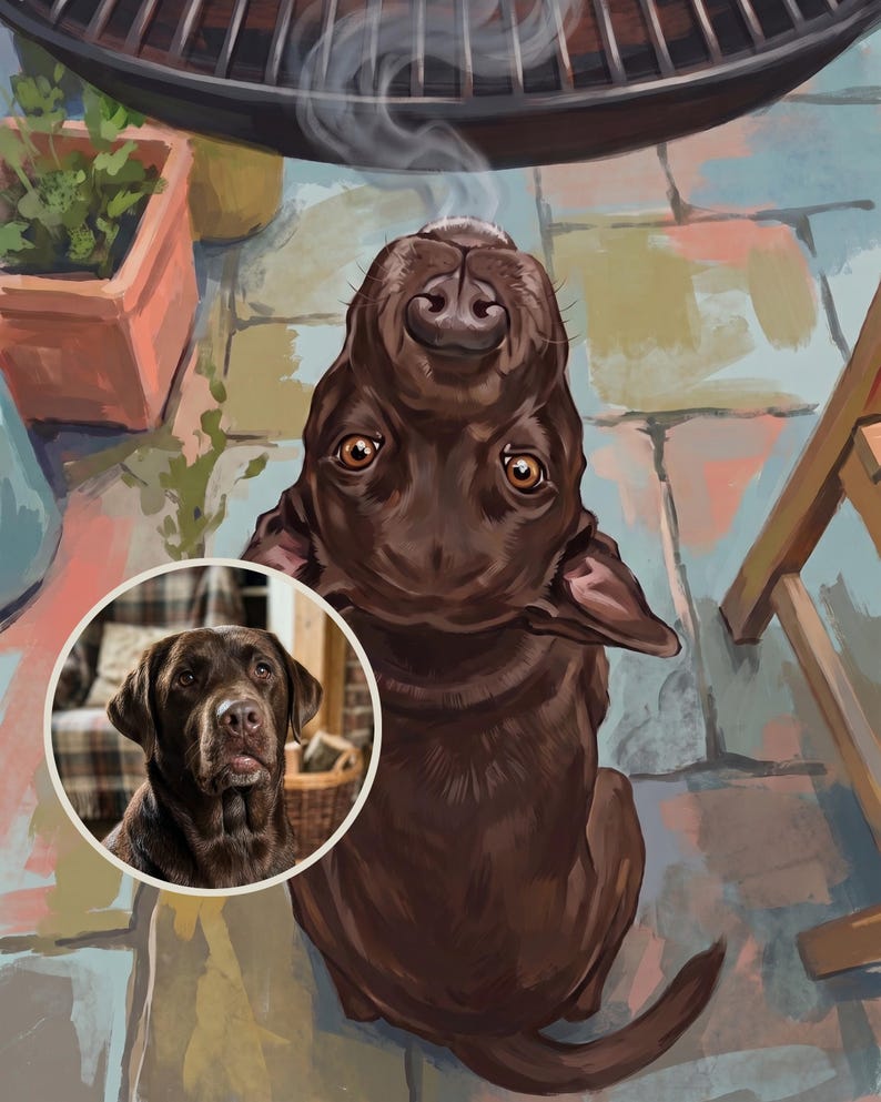 Hopeful Personalized Dog Portrait from Your Photo, Illustrated BBQ Art Digital Download