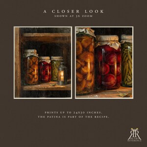 May include: A wall art print featuring two panels of glass jars filled with preserved fruits and vegetables on wooden shelves, accompanied by a small lantern. Text includes A CLOSER LOOK SHOWN AT 3X ZOOM and PRINTS UP TO 24X30 INCHES.