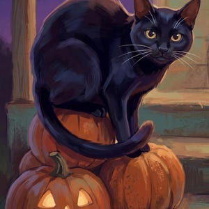 Halloween Canvas Wall Art, Personalized Cat Portrait from Photo, Cat on the Porch Art, Spooky Artwork, Pumpkin Wall Decor, October Art image 2