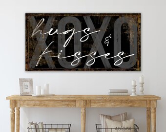 XOXO Hugs & Kisses Sign Black White Love Art Rustic Valentine's Day Decor Modern Farmhouse Canvas Wall Art Print Cute Master Bedroom Decor