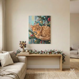May include: A rectangular wall art print featuring a ginger cat curled up within the branches of a Christmas tree, decorated with glowing string lights and colorful ornaments, displayed in a room with a wooden bench and festive garland.