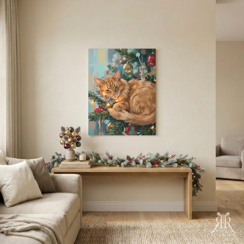 May include: A rectangular wall art print featuring a ginger cat curled up within the branches of a Christmas tree, decorated with glowing string lights and colorful ornaments, displayed in a room with a wooden bench and festive garland.