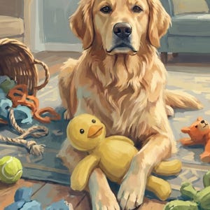Custom Dog Portrait from Photo, Dog with Toys Art, Playroom Wall Art, Pet Illustration, Storybook Art, Baby Room Art, Printable Wall Art image 2