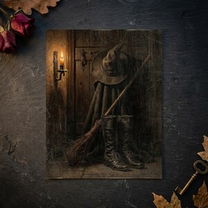 Candlelit Cottage Door Wall Art, Moody Vintage Style Halloween Decor, Gothic Entryway Art, Witchy Illustration, Art Print or Canvas image 6