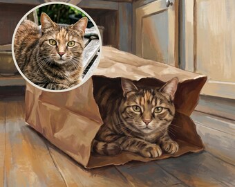 Custom Cat Portrait from Photo, Cat Hiding in a Paper Bag, Hide and Seek Art, Quirky Illustration, Digital Prints, Printable Wall Art