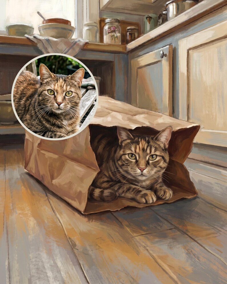 Sneaky Custom Cat Portrait from Your Photo, Painterly Hide and Seek Art Digital Download