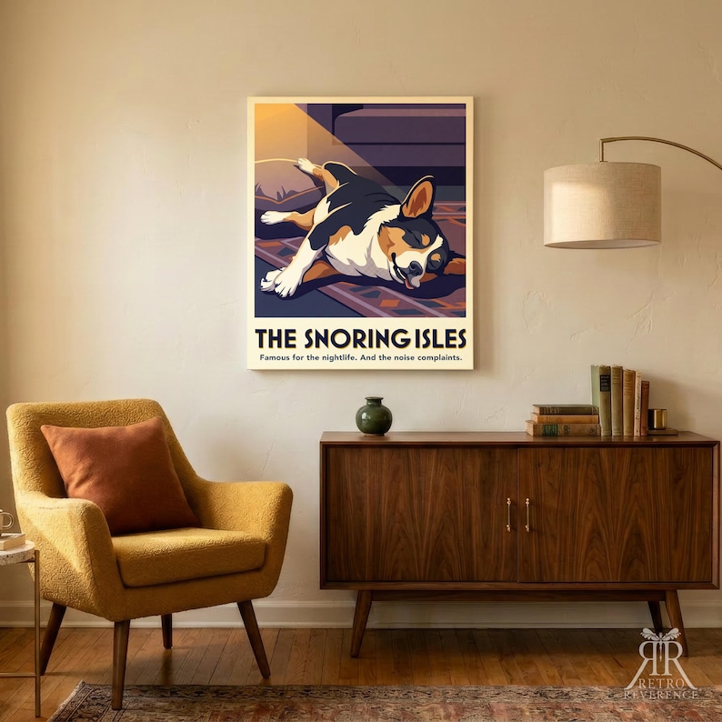 May include: A rectangular wall poster featuring a stylized illustration of a black, white, and tan dog sleeping on a patterned rug. The text reads THE SNORING ISLES, Famous for the nightlife. And the noise complaints. The art uses warm lighting.