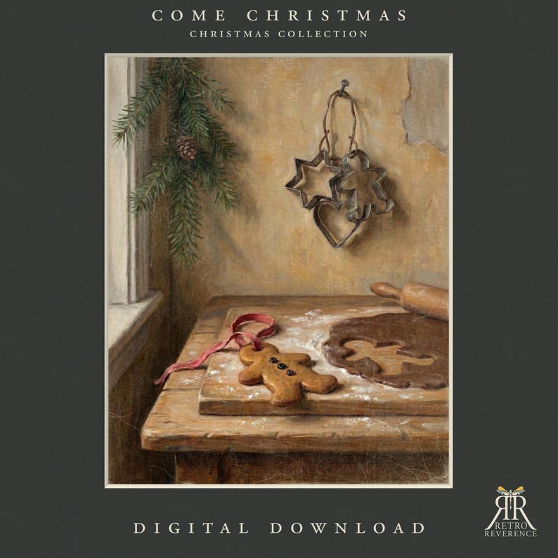May include: A digital print titled COME CHRISTMAS CHRISTMAS COLLECTION featuring a gingerbread man cookie with a red ribbon, a wooden rolling pin, and metal cookie cutters shaped like a star, heart, and person hanging on a textured wall.