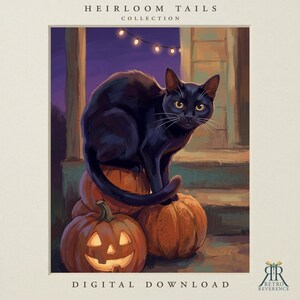 May include: A digital illustration titled Heirloom Tails Collection featuring a black cat perched on a stack of orange pumpkins. One pumpkin is carved as a jack-o'-lantern with glowing eyes and mouth. String lights hang above in the dark.