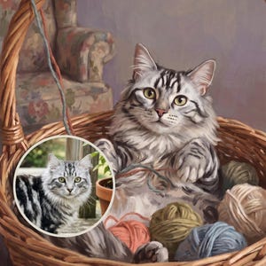 Mischievous Custom Cat Portrait from Your Photo, Cottage Craft Room Canvas Print, Cat Canvas Wall Art, Cat and Yarn Art