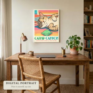 Custom cat portrait in a retro travel poster style, a blissed out cat on a rainbow rug, hung on a wall in a home office, shown as a digital file you print yourself