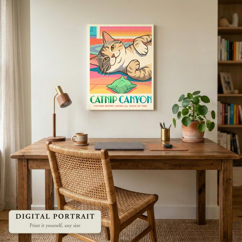 Custom cat portrait in a retro travel poster style, a blissed out cat on a rainbow rug, hung on a wall in a home office, shown as a digital file you print yourself