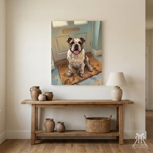 May include: A rectangular wall art print featuring a brown and white bulldog sitting on a doormat in front of a light blue door. The dog has its tongue out. The print is displayed above a wooden console table with ceramic vases and a woven basket.