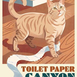 Personalized Cat Portrait from Photo, Cat and the Toilet Paper Trail Illustration, Retro Artwork, Colorful Wall Art, National Park Art imagen 2