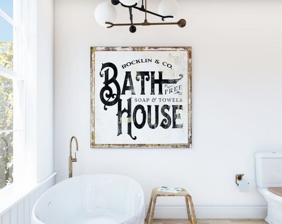 Personalized Bath House Sign Vintage Farmhouse Bathroom Wall Decor